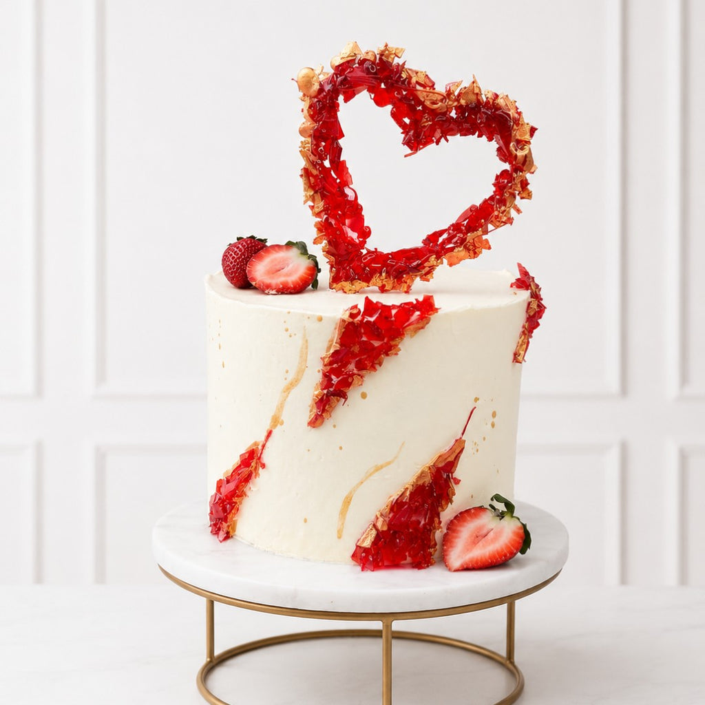 White cake with red heart-shaped decoration and strawberries on a white background